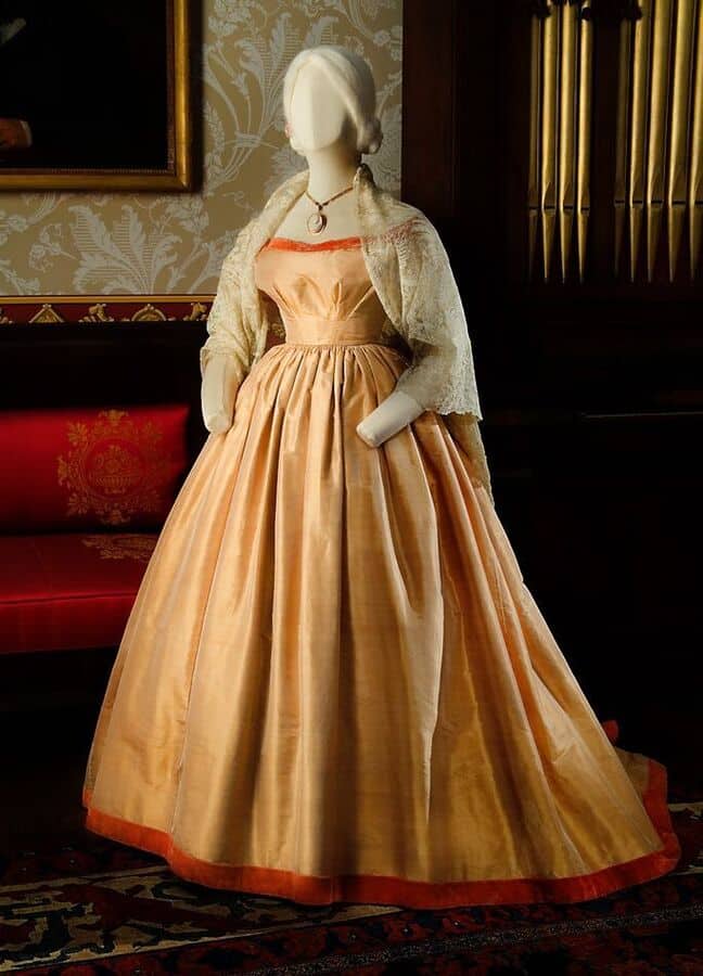 Silks like this taffeta would have glowed in gaslight. Gold silk taffeta gown, ca. 1865. Worn by Kate Smith Hanna (1843-1919). Estate of Mr. and Mrs. Coburn Haskell 47.836