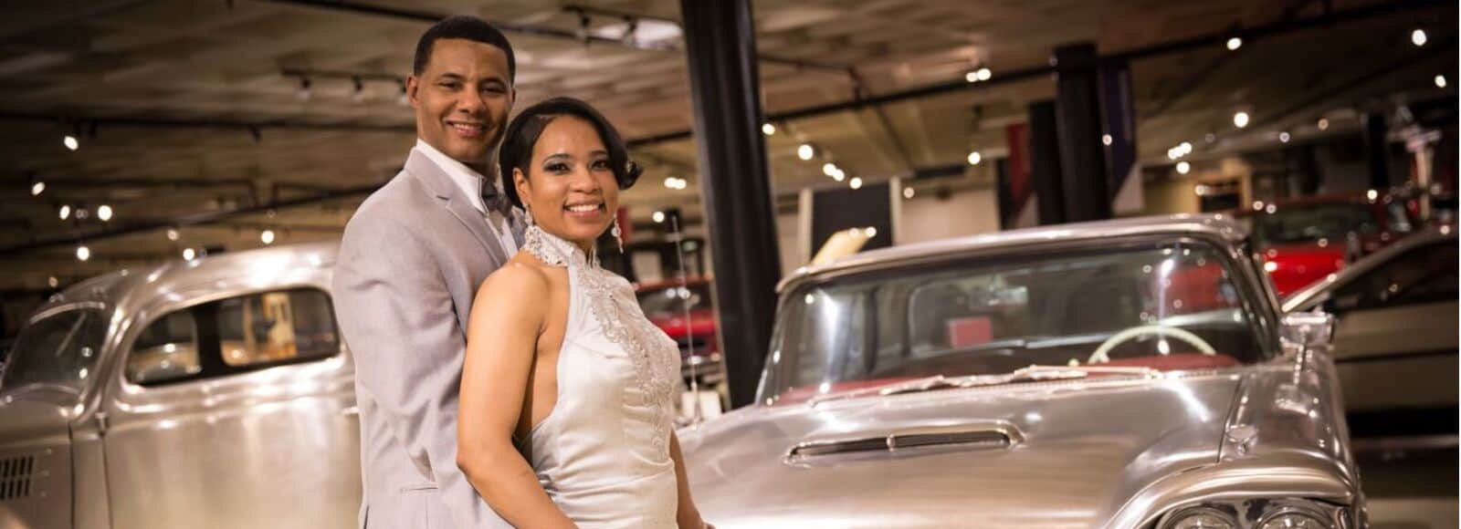 Bride and Groom with stainless steel car