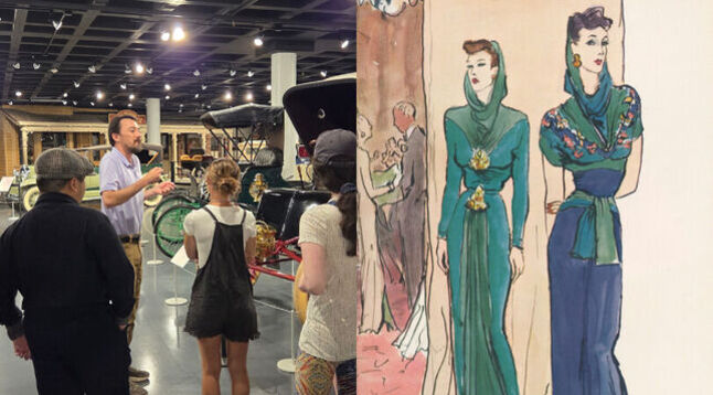 Curator giving tour on left, fashion illustration on right